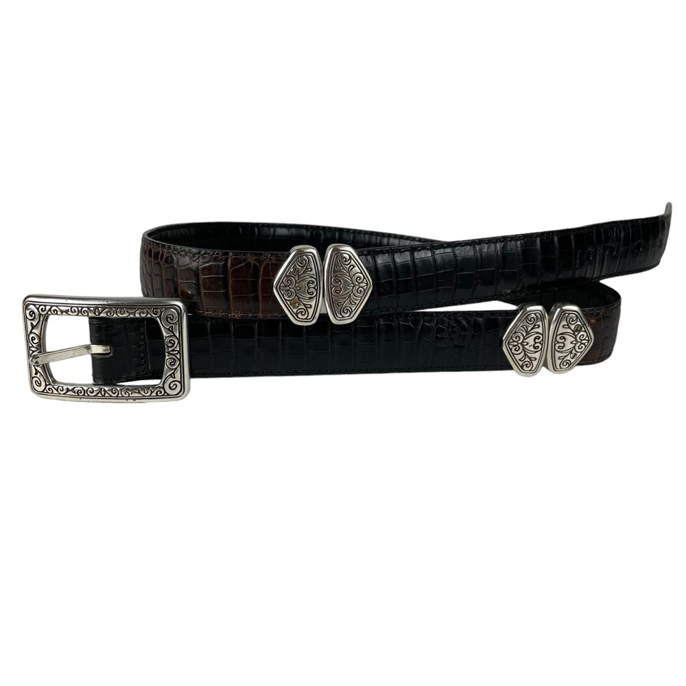 Brighton Crocodile Reversible Leather Western Belt Brown Black Filagree Hardware
